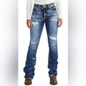 NWT Flamingals Wash Ripped Dual Button Mid Rise Bootcut Jeans-Navy Blue